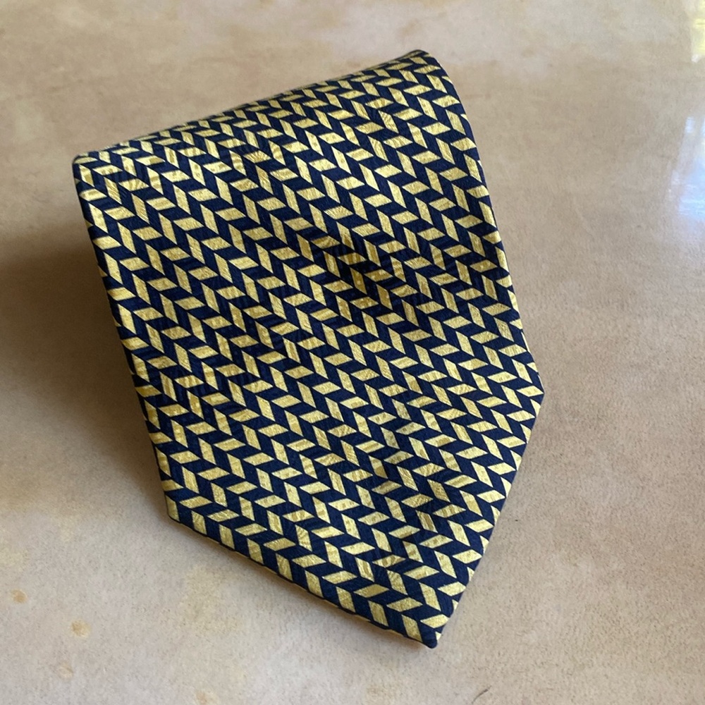 Vintage Silk Blue Gold Yellow Geometric Print Tie Tongue Tied by Tom McLellon